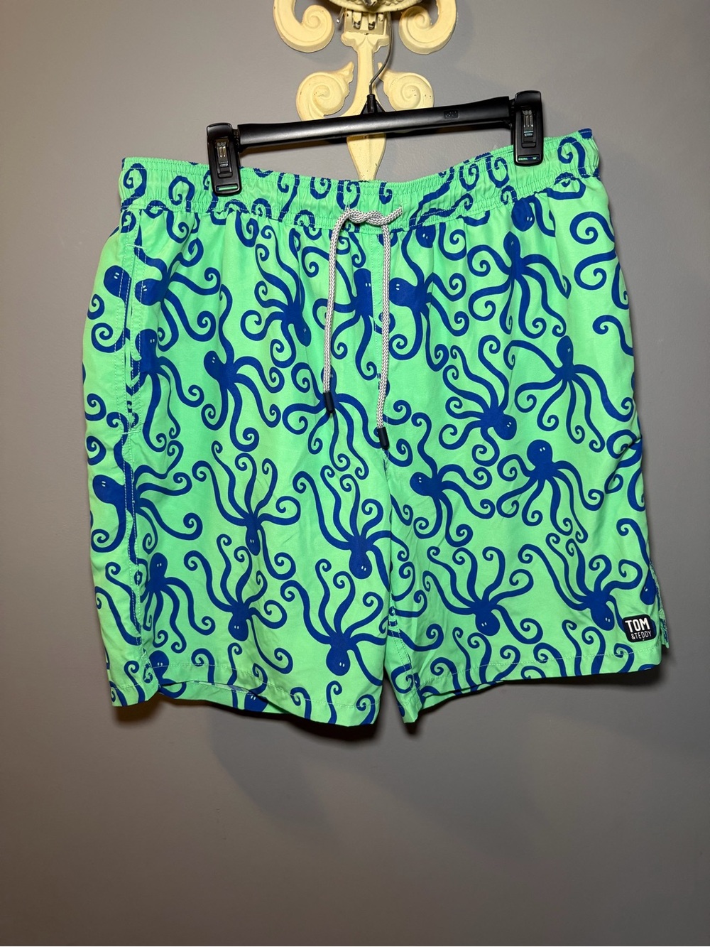 Tom & Teddy Lime Green Swim Shorts with Royal Blue Sea Motif